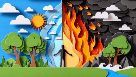 HD wallpaper depicting a split personality theme with one side showing a sunny landscape and the other side ablaze, with a person in the middle.