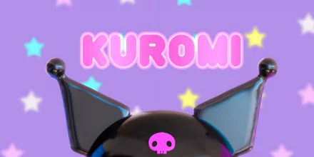 HD desktop wallpaper featuring the character Kuromi from Onegai My Melody, with her name in pink letters and a lavender background adorned with stars.