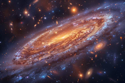 4K Ultra HD PC desktop wallpaper of a swirling golden galaxy and vibrant nebula surrounded by countless stars in the deep universe.