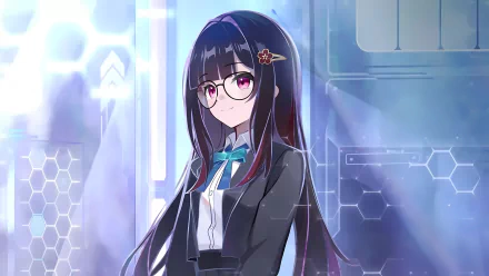 HD desktop wallpaper featuring Sparkle from Honkai: Star Rail, showcasing a character with long black hair, glasses, and a stylish outfit set against a futuristic background.