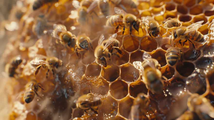 A close-up view of a beehive, showcasing busy bees working on honeycomb cells. This high-definition image serves as a striking desktop wallpaper and background.