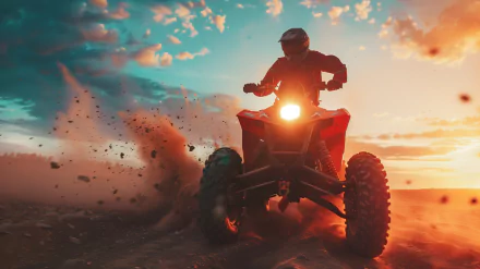 Rider on a quad bike racing across a sandy landscape at sunset, HD quad biking desktop wallpaper and background.