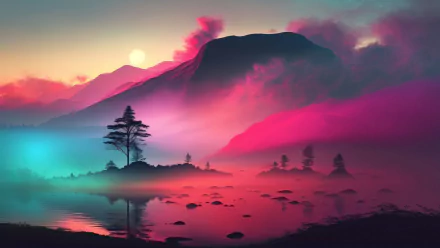 4K Ultra HD desktop wallpaper depicting a vibrant sunset over mountains, clouds, and a serene lakeside landscape with silhouetted trees.