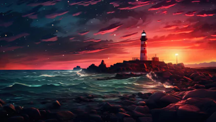 A stunning anime landscape featuring a lighthouse against a vibrant sunset, stars twinkling in the sky, and waves crashing on rocky shores. A captivating 4K Ultra HD digital background.