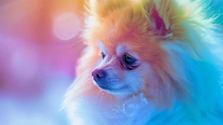 Colorful HD wallpaper of a Pomeranian dog with a vibrant background.