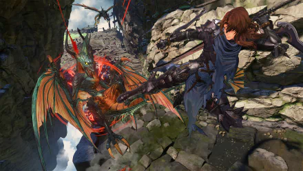 HD desktop wallpaper featuring a dynamic scene from Granblue Fantasy: Relink, showcasing a character in combat with a fiery-winged creature amid ancient ruins.