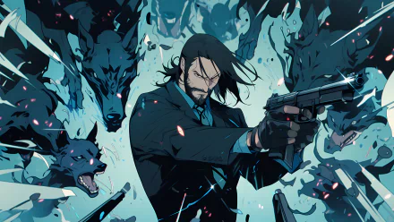 Anime-inspired rendition of a John Wick character wielding a gun, surrounded by stylized fierce wolves, as a HD desktop wallpaper.