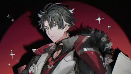 Genshin Impact Wriothesley character wallpaper with a red moon backdrop and sparkling stars.