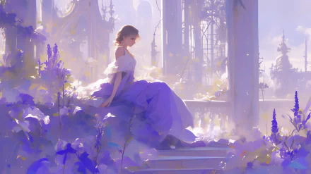 Woman in purple dress sitting surrounded by flowers with sunlight filtering through trees, HD desktop wallpaper and background.