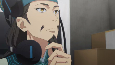 HD wallpaper featuring a close-up image of an anime character from 'Ya Boy Kongming!' with a thoughtful expression, wearing headphones.