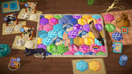 HD wallpaper featuring Quilts and Cats of Calico video game scene with colorful quilt patterns and cats on a wooden floor.