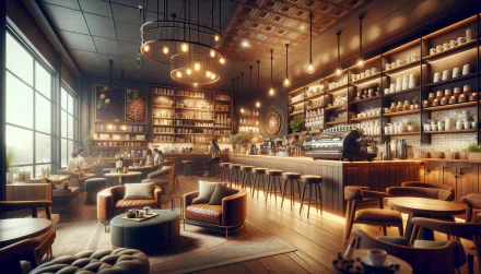 Cozy bar interior with warm lighting and shelves of bottles, HD desktop wallpaper and background.