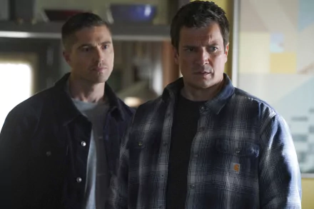 HD desktop wallpaper featuring two characters from the TV show The Rookie standing side-by-side with a focused expression.