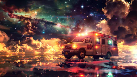HD wallpaper of an ambulance with glowing lights against a cosmic sky and reflective water backdrop.