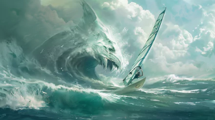 HD wallpaper of a windsurfer riding colossal waves, with a dynamic and surreal ocean backdrop.
