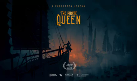 HD desktop wallpaper for 'The Pirate Queen: A Forgotten Legend' video game featuring silhouetted ships and a figure at dusk.
