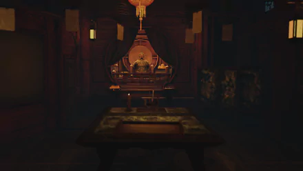 HD desktop wallpaper of The Pirate Queen: A Forgotten Legend video game featuring a dimly lit room with an ornate table and mysterious ambiance.