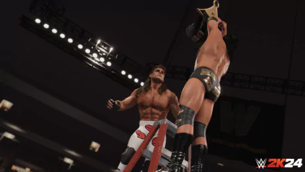 A dynamic scene from WWE 2K24, featuring a dramatic moment with a wrestler climbing a ladder to grab a championship belt, set against an intense arena backdrop.