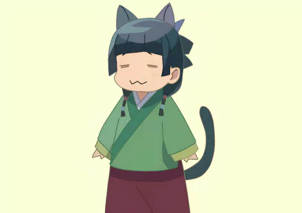 Chibi-style Maomao from The Apothecary Diaries anime, wearing a green robe with a black cat tail and ears, set on a light background for HD PC desktop wallpaper.