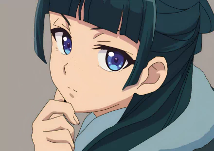 HD anime wallpaper featuring Maomao from The Apothecary Diaries with expressive blue eyes and dark hair, designed for PC desktop backgrounds.