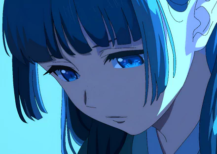 Close-up of Maomao from the anime The Apothecary Diaries, featuring detailed blue eyes and dark hair in an HD PC desktop wallpaper style.