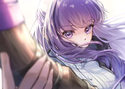 Fern from Frieren: Beyond Journey's End — close-up anime portrait, purple hair and intense gaze, wind-swept strands as she grips a staff. 2K Quad HD PC desktop wallpaper/background.