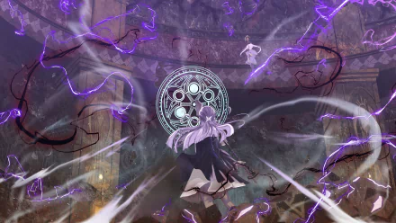 Anime scene from Frieren: Beyond Journey's End featuring Frieren and Fern surrounded by magical purple energy, depicted in a 4K Ultra HD PC desktop wallpaper style.