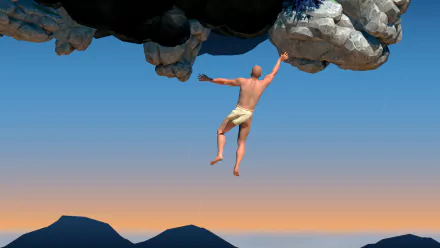 HD desktop wallpaper featuring a challenging video game scene with a character climbing a rock against a sunset backdrop