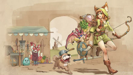 HD wallpaper featuring characters from the video game Backpack Battles, with a whimsical adventurer and charming creatures set in a fantasy marketplace backdrop.