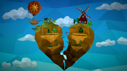 HD desktop wallpaper featuring a stylized heart-shaped island from the video game Passing By - A Tailwind Journey, with a hot air balloon and a windmill, set against a low-poly blue sky with clouds.