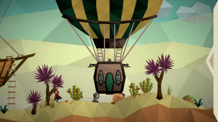 HD wallpaper featuring a hot air balloon from the video game Passing By - A Tailwind Journey, with stylized desert scenery and vibrant purple plants.