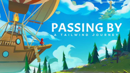 HD desktop wallpaper featuring 'Passing By - A Tailwind Journey' video game with a vibrant airship scene.