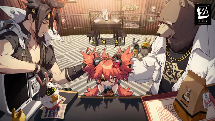 HD PC desktop wallpaper featuring Bangboo from the anime-style video game Zenless Zone Zero in a vibrant, detailed café setting.