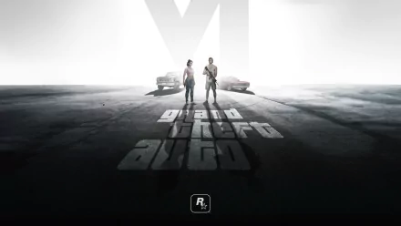 A striking HD wallpaper featuring characters from Grand Theft Auto VI, set against a desolate landscape with classic cars, embodying the game's iconic style and atmosphere.