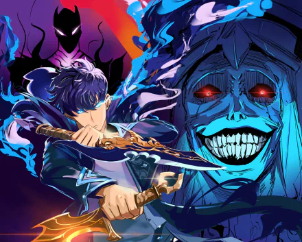 HD anime desktop wallpaper featuring Sung Jin-Woo and the Statue of God from Solo Leveling in a dynamic, vibrant composition.