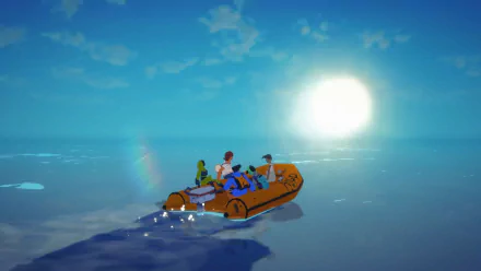 Highwater video game HD wallpaper featuring animated characters navigating a flooded landscape in a small boat under a vast blue sky.