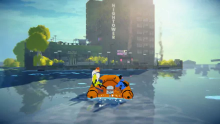 HD desktop wallpaper featuring characters from the video game Highwater, set in a flooded city environment.