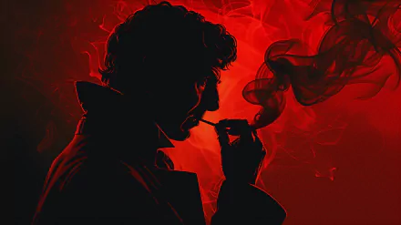 Silhouette of Sherlock Holmes against a dramatic red background, exuding mystery as he ponders with a smoking pipe. This captivating image serves as a striking HD desktop wallpaper.