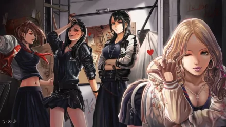 HD PC desktop wallpaper featuring four fierce female characters from the TV show Majisuka Gakuen in a gritty urban setting.