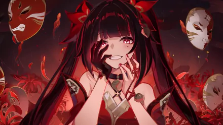 HD wallpaper of the character Sparkle from Honkai: Star Rail video game with a dramatic red and black motif and floating masks in the background.