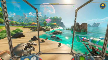 HD wallpaper featuring a vibrant beach scene from Lightyear Frontier video game with clear waters, colorful flora, and a large moon in the background.