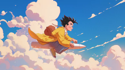HD Anime Wallpaper Featuring Gohan from Dragon Ball Z flying on the Nimbus cloud against a beautiful sky with clouds