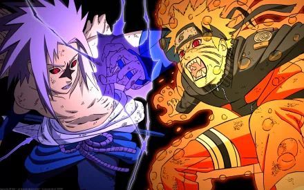 HD desktop wallpaper featuring Naruto Uzumaki and Sasuke Uchiha from the anime series Naruto, showcasing an intense battle scene with vibrant colors and dynamic visuals.