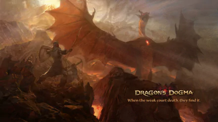HD wallpaper featuring an epic scene from the video game Dragon's Dogma with a warrior facing a dragon amidst a dramatic landscape.