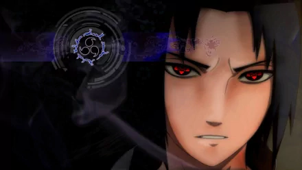 HD desktop wallpaper and background featuring Sasuke Uchiha from the anime Naruto, with his intense red eyes and a mysterious dark design in the background.