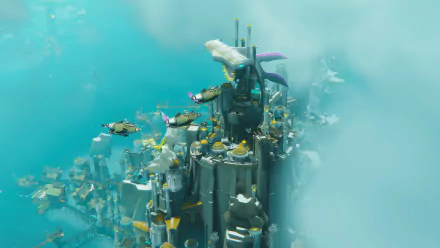 HD wallpaper featuring a scene from Bulwark: Falconeer Chronicles video game, with an underwater cityscape and flying creatures.