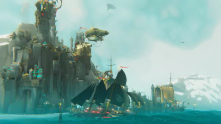 HD wallpaper featuring Bulwark: Falconeer Chronicles video game with a ship and a fortress cityscape.