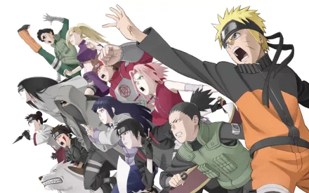 HD desktop wallpaper featuring Naruto characters including Chōji Akimichi, Neji Hyūga, Shino Aburame, Kiba Inuzuka, Shikamaru Nara, Tenten, Sai, Rock Lee, Ino Yamanaka, Naruto Uzumaki, Hinata Hyuga, and Sakura Haruno.