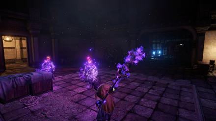 HD desktop wallpaper of Outward video game featuring a character facing glowing purple crystal formations in a dimly lit dungeon-like interior.
