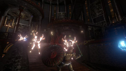 HD wallpaper featuring a scene from the video game Outward with a character holding a shield and magical effects.